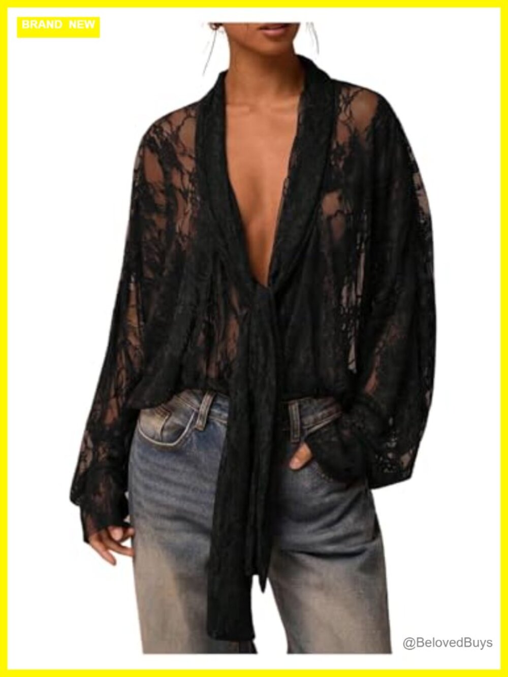 Lace Long Sleeve Sheer Mesh Tie Front Blouse V-Neck